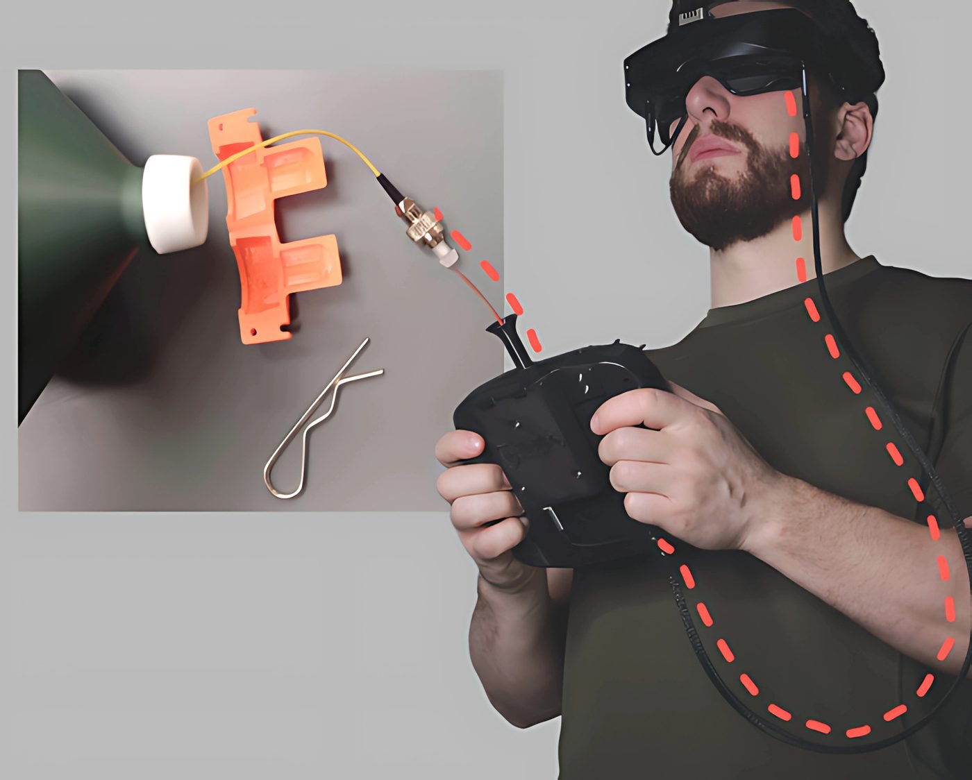 Operator using RC controller and goggles connected via OPTX module to the fiber line